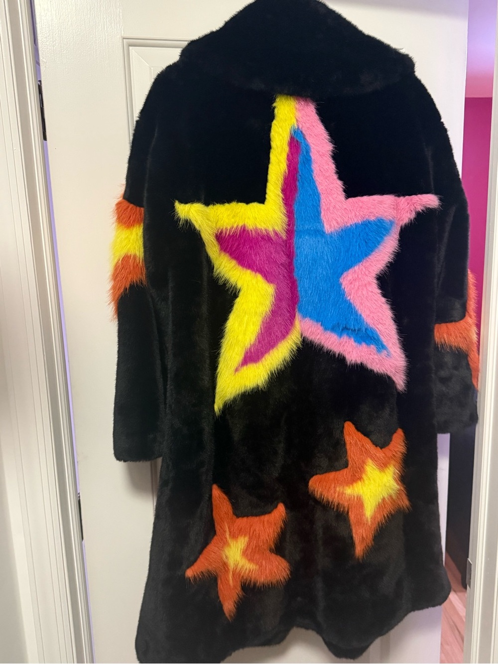 Black Faux Fur Coat with Neon Star & Stripe Patches. - Picture 3 of 9